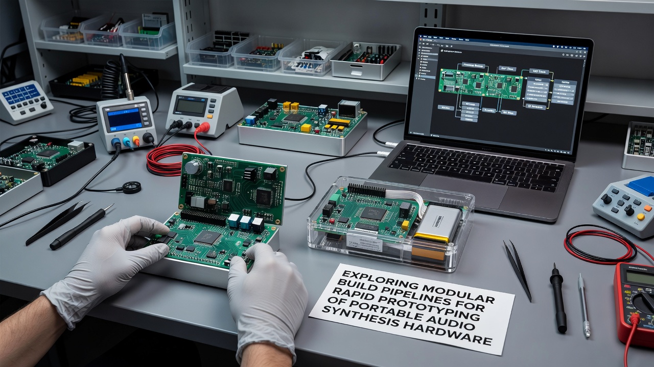 Assembled portable audio synthesizer prototype showing interconnected modules and testing equipment in a lab environment
